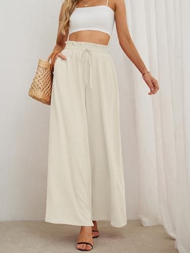 Heymoments Women's Wide Leg Dress Pants with Pockets Ivory Large Lightweight Elastic High Waisted Adjustable Tie Knot Flowy Loose Slacks Lounge Casual Ladies Beach Pleated Trousers - Thumbnail 2