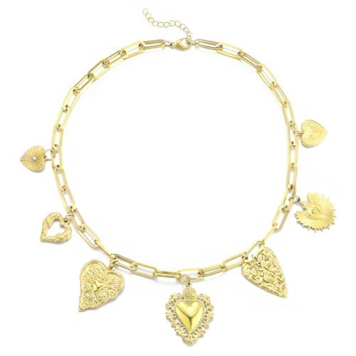 Emibele Chunky Gold Heart Charm Necklace for Women, 18K Gold Plated Stainless Steel No Tarnish Gold Necklaces with Different Hearts Charms - Image 1