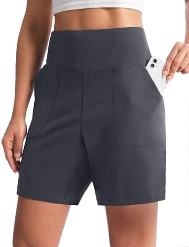 Cyasundent Women's 6" Athletic Shorts with Pockets High Waisted Bermuda Long Shorts for Women Casual Running Walking(Dark Grey_L) - Image 1