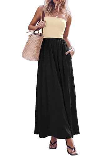 PRETTYGARDEN Women's 2026 Spring Strapless Maxi Dresses Patchwork Long Flowy Pockets Elegant Going Out Summer Tube Top Dress (Apricot Black,Large) - Image 1
