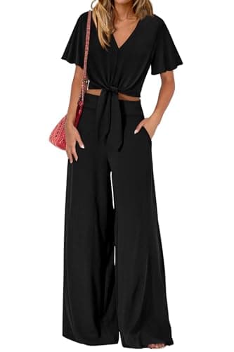 PRETTYGARDEN Women 2 Piece Summer Outfits Short Sleeve Strappy Top Wide Leg Pants Tracksuit Lounge Sets Beach Clothes(Black,Medium) - Image 1