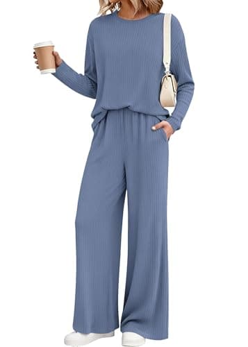 KIRUNDO Spring 2 Piece Lounge Sets for Women Long Sleeve Ribbed Knit Tops Wide Leg Pants Matching Travel Outfits Postpartum(Grey Blue, Large) - Image 1