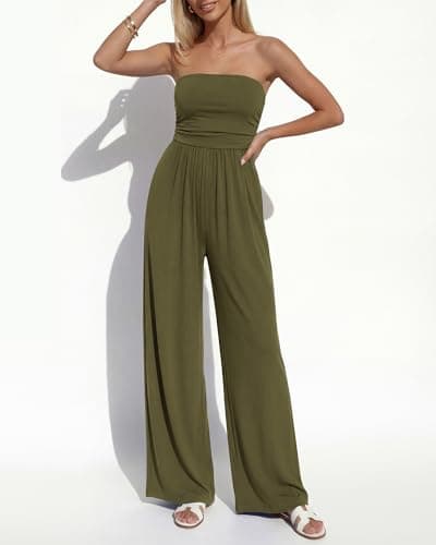BTFBM Jumpsuits For Women Summer 2026 Beach Vacation Strapless Tube Top Jumpsuit Ruched Casual Wide Leg Pant Rompers(Army Green, Small) - Thumbnail 5