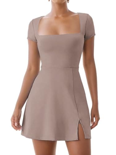 Dokuritu Womens Tennis Dresses Short Sleeve Square Neck 2024 Side Slit Double Lined Golf Athletic Dress with Built in Shorts - Image 1