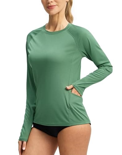 Viodia Rash Guard for Women UPF 50+ SPF UV Long Sleeve Shirts Sun Protection Quick Dry Hiking Swim Shirt with Pockets Green L - Image 1