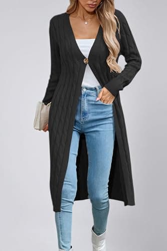 Cakulo Womens Long Cardigans Cable Knit Chunky Cardigan Sweaters Open Front Fall Winter Fashion Outfits Coats 2025 Black L - Thumbnail 5
