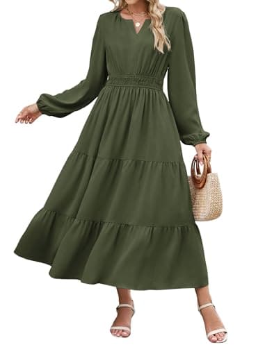ZAFUL Women's 2025 Fall Long Sleeve Maxi Dress Casual V Neck High Waist Swing A Line Wedding Guest Dresses Pockets Army Green Large - Image 1