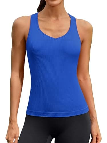 ATTRACO Athletic Workout Tank for Women Hip Length Yoga Tank with Built-in Bra Blue L - Image 1