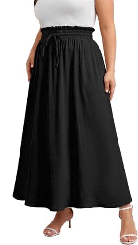 Xpenyo Women's Plus Size Maxi Skirts Elastic High Waisted Tie Knot Casual Flowy Beach Boho Long Skirts with Pockets,Black 4XL - Image 1