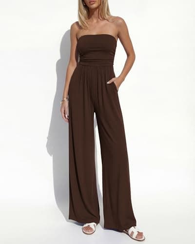 BTFBM Jumpsuits For Women Summer 2026 Beach Vacation Strapless Tube Top Jumpsuit Ruched Casual Wide Leg Pant Rompers(Brown, Large) - Thumbnail 2