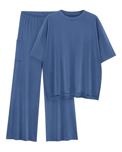 KIRUNDO 2 Piece Lounge Sets for Women Airport Travel Vacation Outfits Summer Casual Loose Short Sleeve Tops & Wide Leg Pants(Blue, Small) - Image 1
