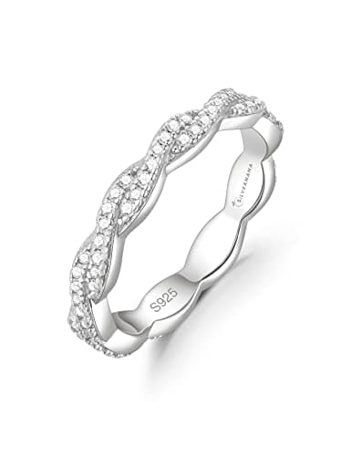 SILVERNANA Moissanite Wave Twisted Wedding Band for Women, White Gold Plated Sterling Silver Twisted Vine Pave Stackable Eternity Ring Size 7