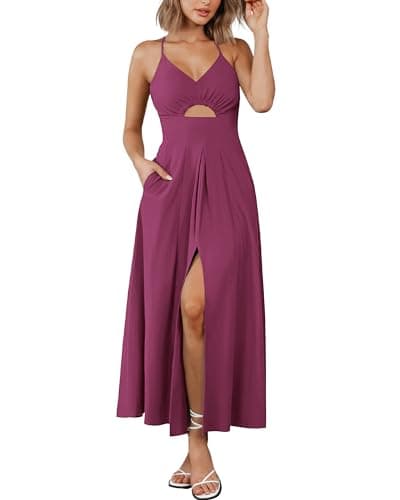 BTFBM Women 2026 Spaghetti Strap Midi Summer Dresses Sleeveless V Neck Cutout Slit Casual Beach Party Maxi Dress Pockets(Purple, Small) - Image 1