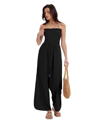 MOOSLOVER Women Linen Jumpsuits Strapless Wide Leg Palazzo Pants Romper 2026 Resort Wear Beach Vacation Outfits(S,Black) - Image 1