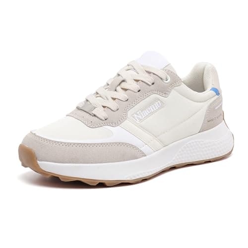 Niaemu Sneakers for Women Lightweight Lace-Up Shoes for Women Non-Slip Artificial Leather TPR Outsole Walking Shoes Tennis Running Fashion Sneakers (10,Beige) - Image 1