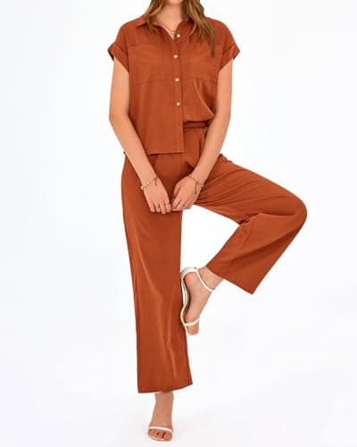 PRETTYGARDEN Womens 2 Piece sets Summer Cap Sleeve Tops Palazzo Pants Dressy Casual Vacation Travel Outfits Tracksuits(Brick Red,Large) - Thumbnail 6
