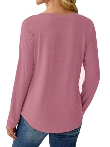 GKBK Womens Henley Tops Long Sleeve Shirts Button Pullover Loose Fit Henley Neck Tunics Dark Pink XXL - Thumbnail 5
