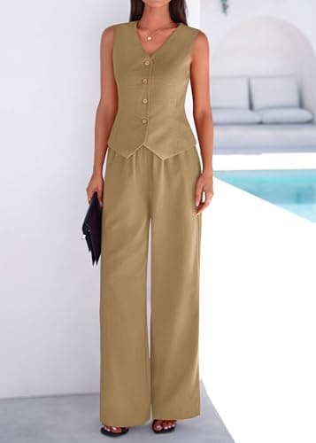 KIRUNDO Business Casual Outfits for Women Vest Tops Pant Suits Dressy 2 Piece Sets Summer Crop Blazer Wide Leg Work Pants(Khaki, Medium) - Thumbnail 4