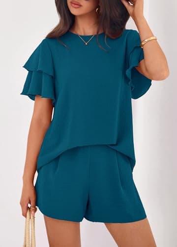 KIRUNDO 2 Piece Sets For Women Summer Ruffle Short Sleeve Top Elastic Waist Pants Matching Lounge Set Vacation Travel Outfits(Dark Blue, XX-Large) - Thumbnail 6