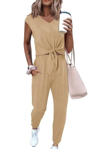 Magritta Ladies Summer 2 Piece Outfits Khaki Cap Sleeve Strappy Crop Top Joggers Pant Sets Plus Size Casual Tracksuit Lounge Wear 2026 XL - Thumbnail 3