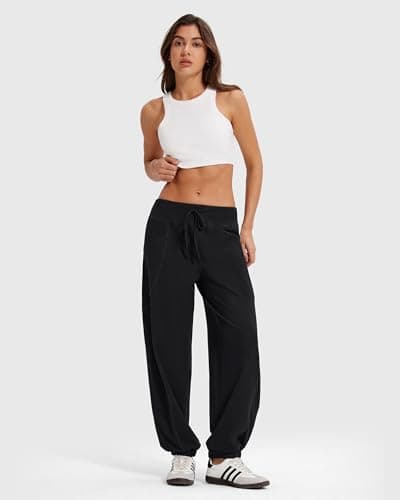MOOSLOVER Women Baggy Casual Pants Cotton Lightweight Sweatpants Drawstring Mid Waist Athletic Lounge Joggers(S,Black) - Thumbnail 2