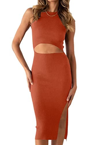 PRETTYGARDEN Women's Summer Midi Bodycon Dresses Casual Crew Neck Side Slit Sleeveless Knit Cut Out Tank Top Dress (Brick Red,Large) - Image 1