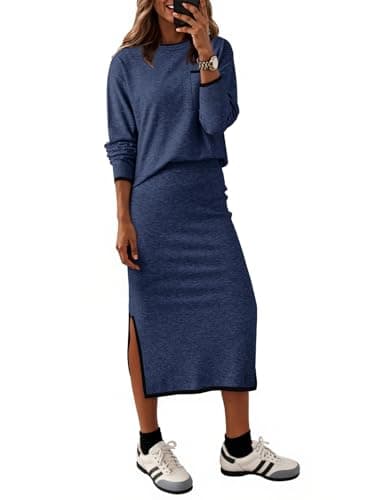 Dokotoo 2 Piece Sets for Women Sweater Dress Knit Travel Outfits 2 Pieces Set Womens Winter Dresses Women's Skirts Set Fashion Navy Blue Sweater Dreses for Women 2025 Small - Image 1