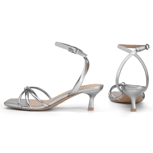 Athlefit Women's Kitten Heels Square Open Toe Strappy Low Heel Sandals Ankle Strap Party Dress Silver Heels for Prom Size 8.5 - Thumbnail 6