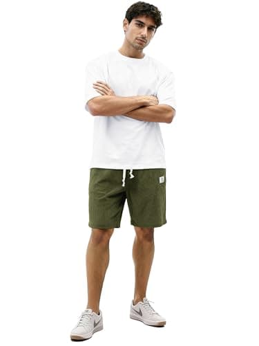 HOTake Mens Corduroy Shorts Casual 7 Inch Elastic Waist Drawstring Summer Beach Loose Fit Shorts Army Green - Thumbnail 6
