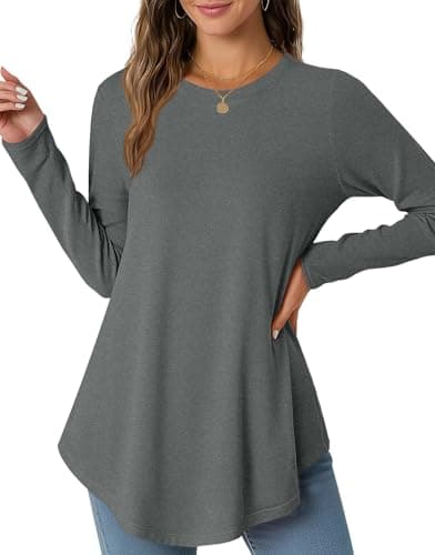JUSTFASHIONNOW Long Sleeve Shirts for Women Tunic Tops To Wear With Leggings Crew Neck Dressy Casual Blouses Flowy Tops Trendy Fall (Grey, Medium) - Image 1