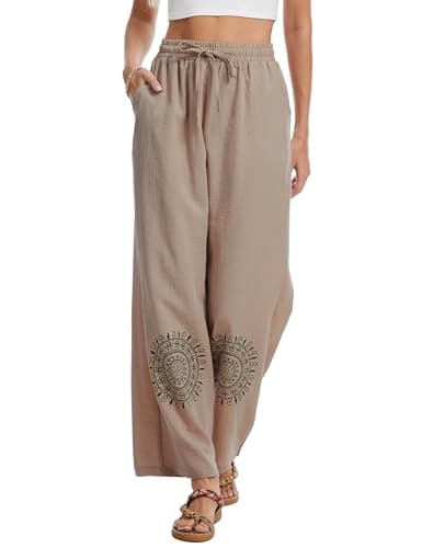 Demoking Cotton Linen Pants Women Straight Leg Casual Loose Drawstring Hippie Beach Vacation Clothes Khaki S - Image 1