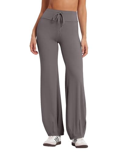 MOOSLOVER Women Bubble Yoga Pants Drawstring Fold Over Flare Leggings Pilates Casual Lounge Pant(M,Grey) - Image 1