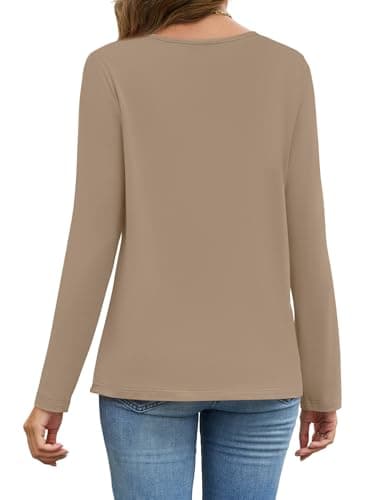 JUSTFASHIONNOW Winter Tops for Women V Neck Long Sleeve Shirts Trendy Lace Shirt Loose Fit Basic Tee Dressy Casual Work Office Outfits 2025 (Khaki,Large) - Thumbnail 6