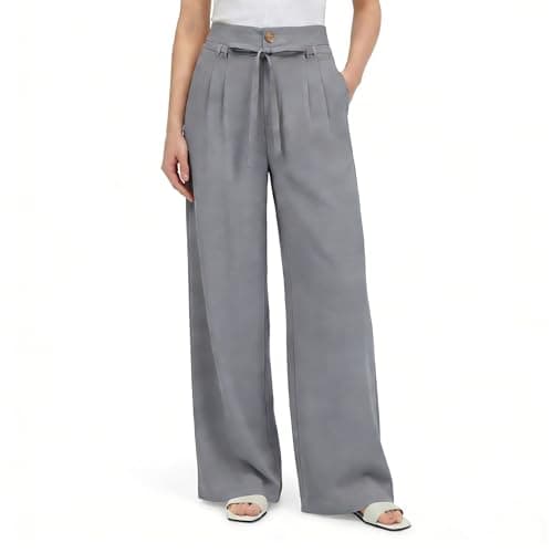 GRACE KARIN Linen Pants Women,Elastic High Waist Wide Leg Pants with Pockets,Comfy Beach Vacation Trousers Gray - Image 1
