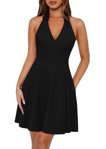 Lazysmile Summer Dresses for Women Sleeveless Halter Lapel V Neck Backless A Line Formal Cocktail Party Short Dress Black - Image 1