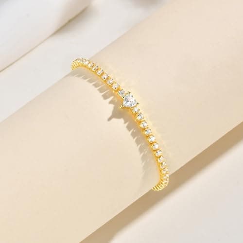 Gold Heart Tennis Bracelet for Women - 14K Gold Plated Heart Cubic Zirconia Link Bracelet, Adjustable Dainty Minimalist Design, Trendy Anniversary Birthday Valentine’s Day Jewelry Gift for Her Girfriend Daughter (Gold) - Thumbnail 5