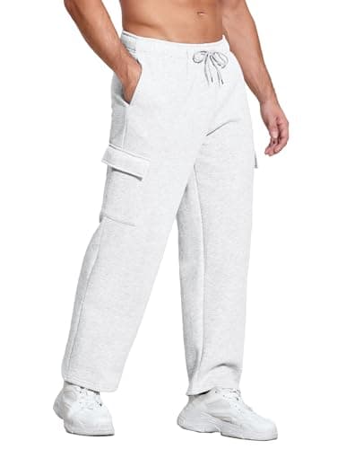 Deyeek Mens Fleece Cargo Sweatpants Open Bottom Sweat Pants for Men Loose Fit Joggers Sweatpants Lounge Pants with Pockets White - Image 1