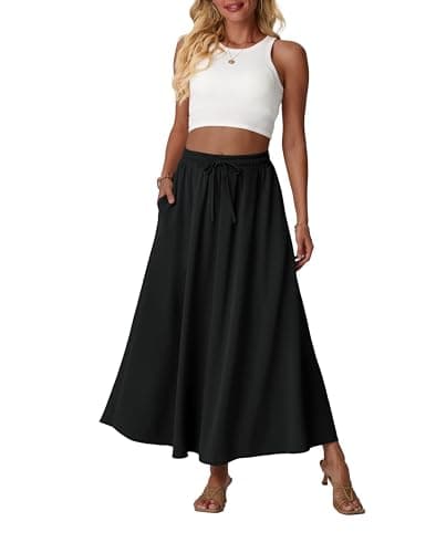 Lepunuo Floral Long Skirt Womens Casual Boho High Waisted Spring Trendy Cute Maxi Skirts with Pockets A - Black - Image 1