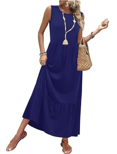 WIHOLL Midi Dresses for Women Casual Summer Dresses for Women 2026 Long Maxi Dress Flowy Beach Vacation Clothes Sleeveless Holiday Party Sundresses for Women 2026 Maternity Dress Blue S - Image 1