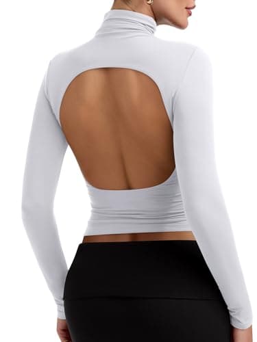 PINKMSTYLE Turtleneck Long Sleeve Backless Top Womens Ruched Double Lined Tops Sexy Outfit for Going Out White Large - Image 1