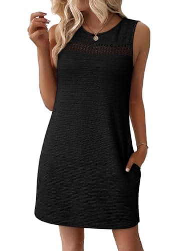 EVALESS Dresses for Women 2026 Spring Summer Casual Beach Dresses Fashion Sleeveless Cut-Out Mini Dress Crewneck Sundress Vacation Outfits with Pockets Black Medium - Image 1