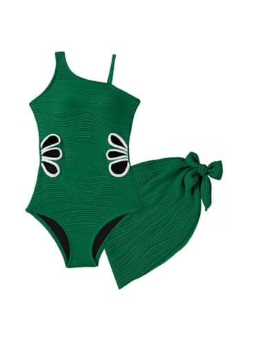 blibean Girls Swimsuit Size 8-9 Green Teen One Piece Bathing Suit with Cover Up Skirt Big Kids Adjustable Strap Swimwear Tween Cute Texture Traje Baño Niñas Padded Cut Out Swimming Suit - Image 1