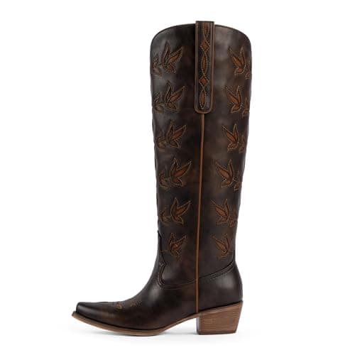 QIY Chocolate Cowboy Boots for Women Embroidered Pointed Toe Cow Girl Classic Block Heel Nashville Knee High Western Dark Brown Cowgirl Boots Size 7 - Image 1