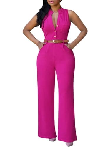 Pink Queen Women's Classy Dressy Jumpsuit Sleeveless Button Up Wide Leg Long Pants Business Pantsuit Bright Pink L - Image 1