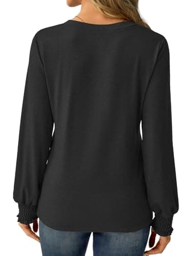 GKBK Womens Long Sleeve Shirts Fall Tops V Neck Business Dressy Casual Blouses with Smocked Cuffs Black - Thumbnail 4