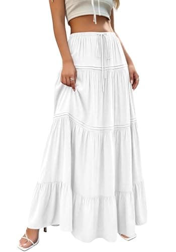 BTFBM Spring Skirts for Women 2026 Summer Boho Beach Vacation Clothes Casual Pleated High Waisted Flowy Maxi Skirt(White, XX-Large) - Thumbnail 6