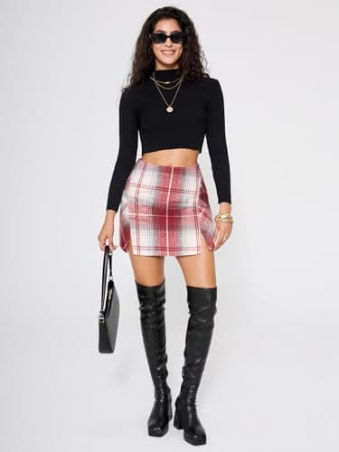 EXLURA Women's Fashion Faux Wool Mini Skirt High Waisted Y2K Trendy Side Slit Tweed Plaid Skirts 2025 Fall Winter Outfits Wine Red - Thumbnail 3