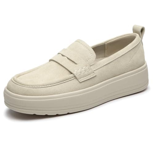 Rihero Slip On Womens Loafers Comfortable Casual Loafer Shoes Trendy Round Toe Platform Shoes for Work Walking Beige Size 11 - Image 1