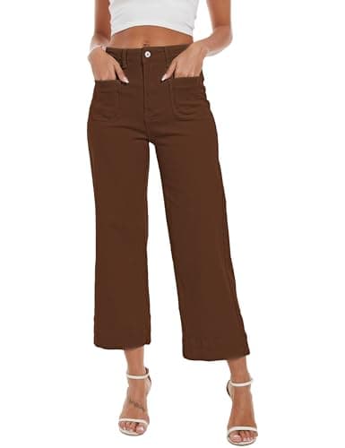 DAOAO Brown Pants Women Wide Leg Jeans Woman Cropped Teacher Pants High Waisted Stretchy Trendy XXL - Thumbnail 2