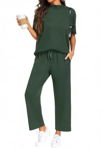 PrinStory Womens Lounge Set Summer 2 Piece Outfits Pullover Top and Wide Leg Pants Matching Sets 2026 Dark Green-XL - Image 1